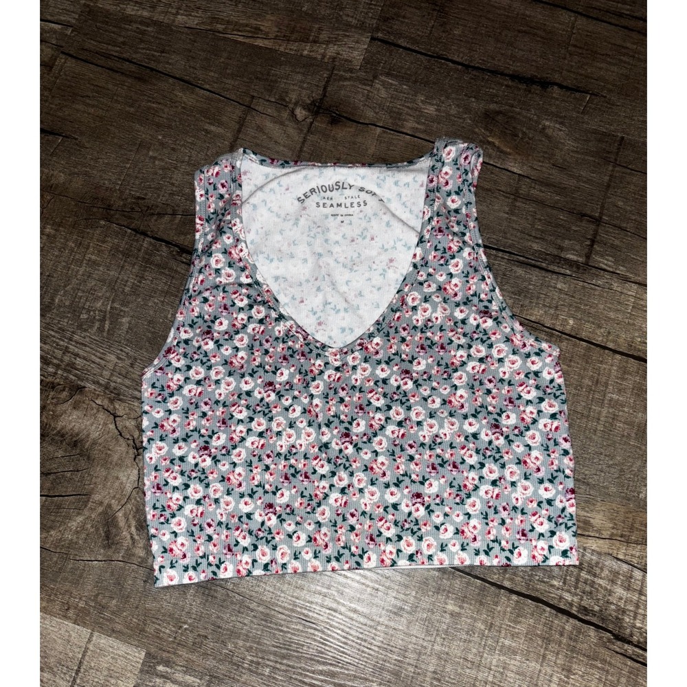 Aeropostale Seriously Soft Seamless Floral Ribbed Crop Top Grey Pink V-Neck M - Picture 1 of 3